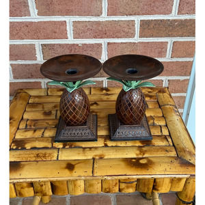 Pair of Pineapple Candlestick Holder HEAVY Pedestal Painted Metal
